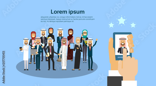 gadget hand holding choosing candidate from arab business people group HR concept banner with copy space flat vector illustration