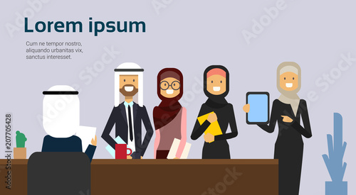 recruitment hold an interview letter choice business person candidate from arab people group stand behind the chair copy space flat vector illustration