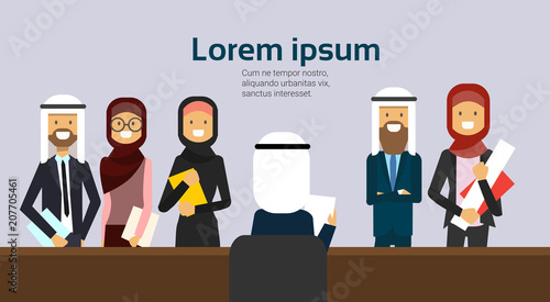 recruitment hold an interview letter choice business person candidate from arab people group stand behind the chair copy space flat vector illustration