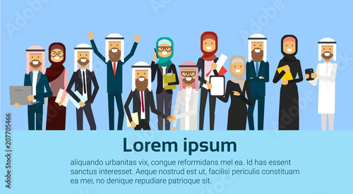 group of cheerful arabic business people happy hold raised hands muslim workers team success concept banner with copy space flat vector illustration