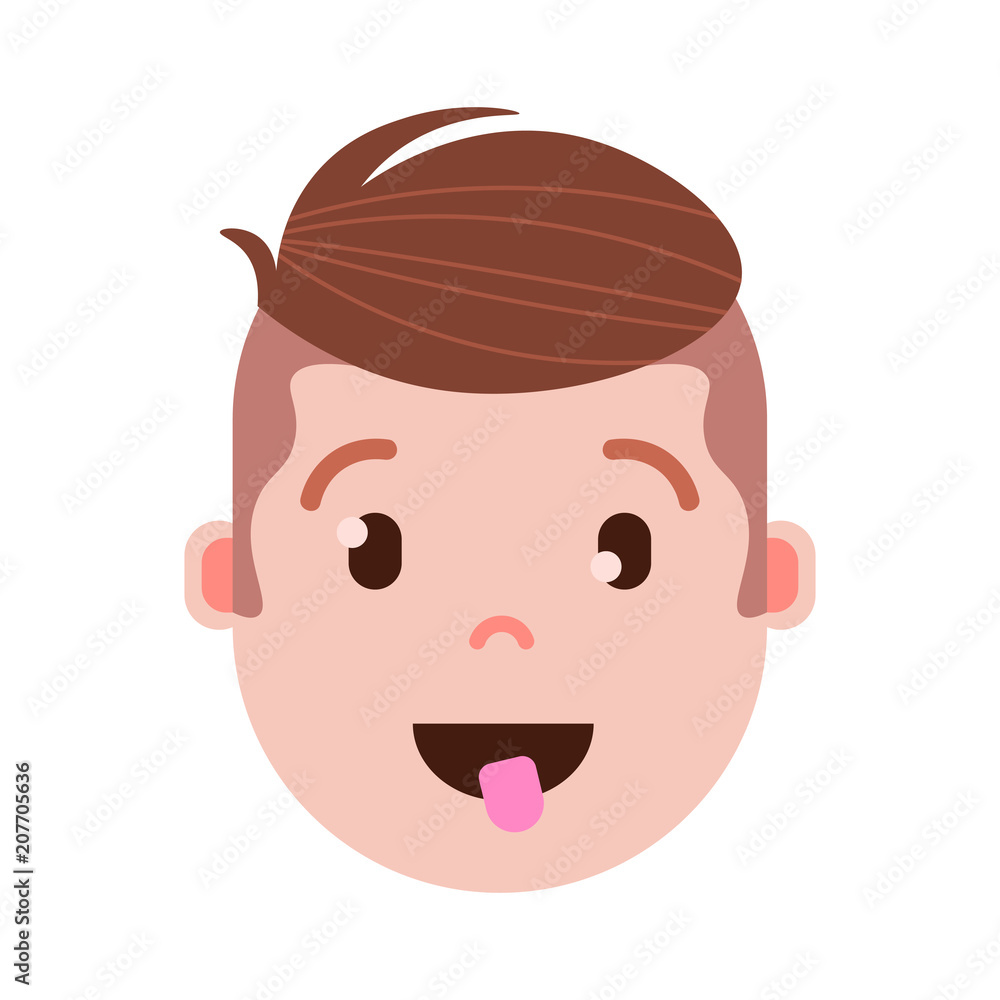 boy head emoji personage icon with facial emotions, avatar character, man show tongue face with different male emotions concept. flat design. vector illustration