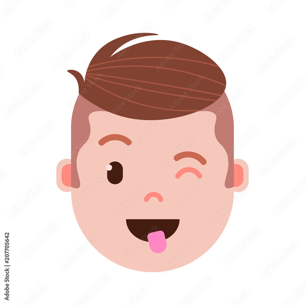 boy head emoji personage icon with facial emotions, avatar character, man show tongue face with different male emotions concept. flat design. vector illustration boy head emoji personage icon with facial emotions, avatar character, man show tongue face with different male emotions concept. flat design. vector illustration