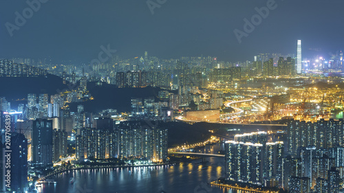 Canvas Print Aerial view of Hong Kong city at night