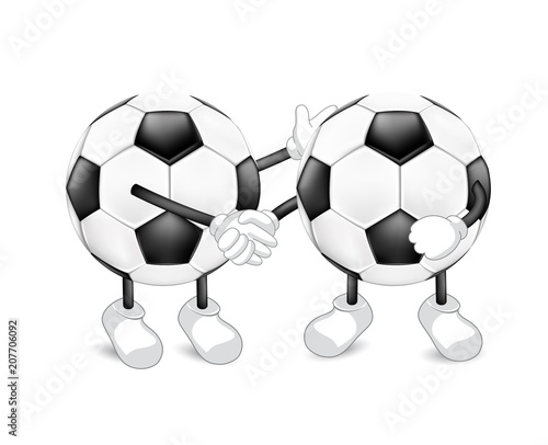 Cute cartoon soccer ball shaking hands as a symbol of unity. Contract, cooperation and teamwork concept. Illustration isolated on white background. Sport mascot character.