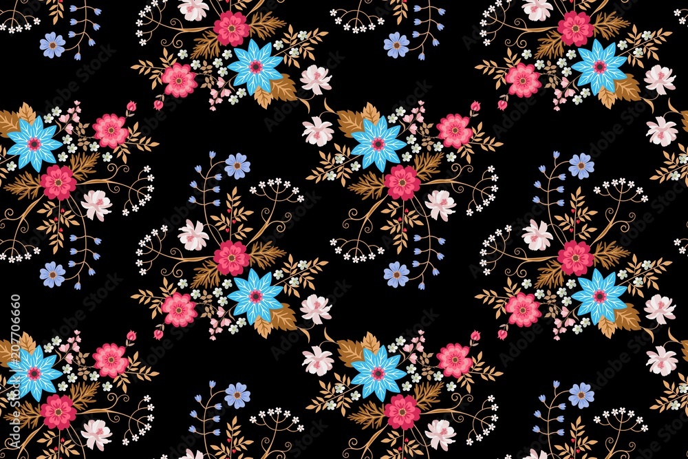 Seamless floral pattern with bouquets of  bright flowers isolated on black background in folk style. Vector summer design.