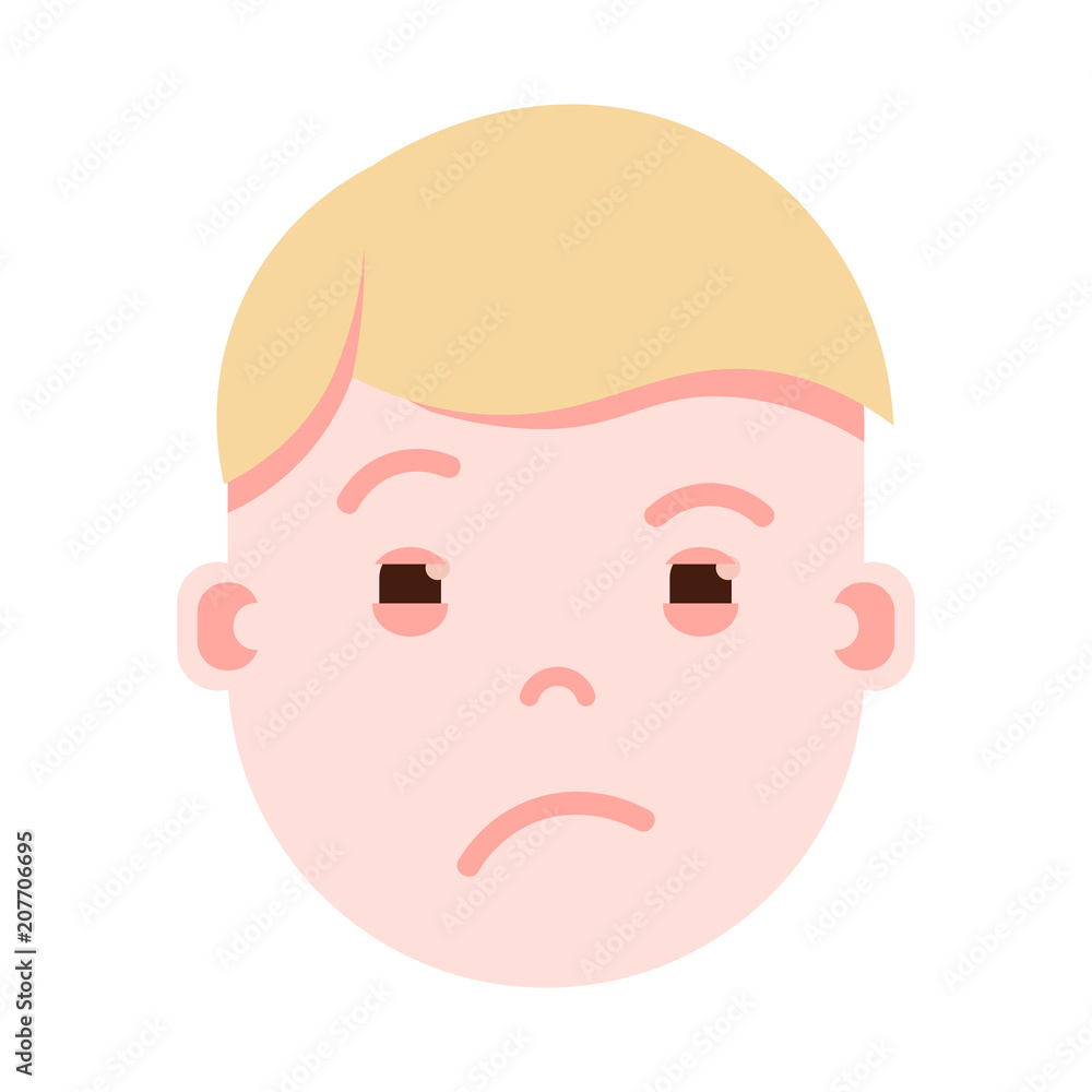 boy head emoji with facial emotions, avatar character, man grieved face with different emotions concept. flat design. vector illustration