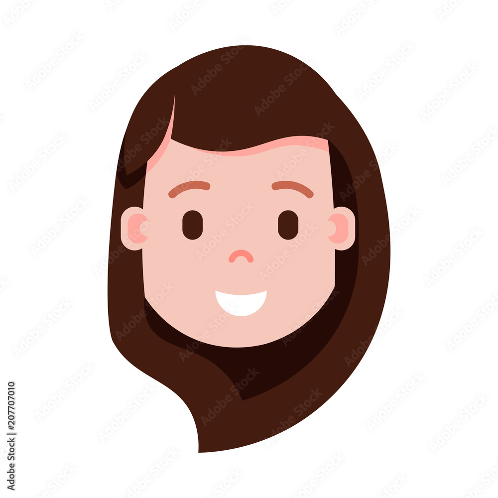 girl head emoji personage icon with facial emotions, avatar character, woman satisfied face with different female emotions concept. flat design. vector illustration