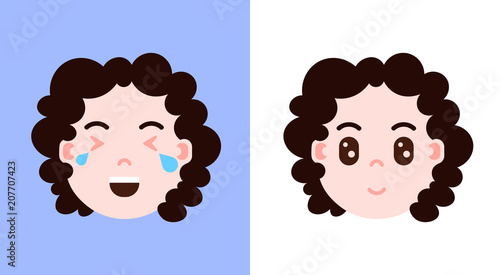 set girl head emoji personage icon with facial emotions, avatar character, cry and serious face with different female emotions concept. flat design. vector illustration