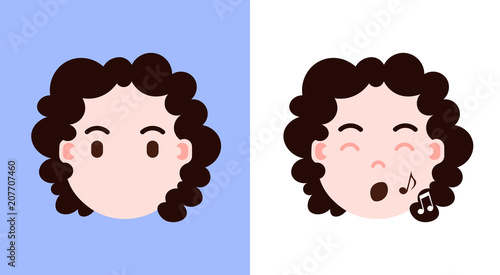 set girl head emoji personage icon with facial emotions, avatar character, shut up and singing face with different female emotions concept. flat design. vector illustration