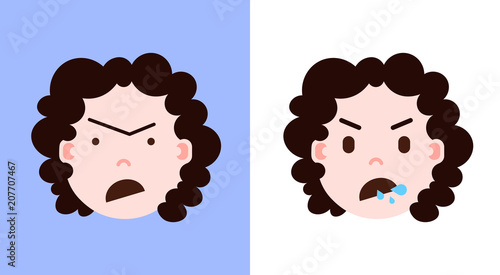 set girl head emoji personage icon with facial emotions, avatar character, anger face with different female emotions concept. flat design. vector illustration