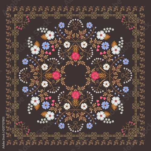 Square ornamental shawl or tea box design. Beautiful floral ornament and lovely frame on dark brown background in vector.