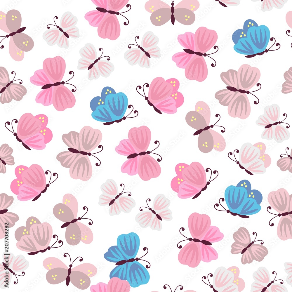 Gentle seamless pattern with colorful flying butterflies isolated on white background in vector. Print for fabric, paper, wallpaper, wrapping design.