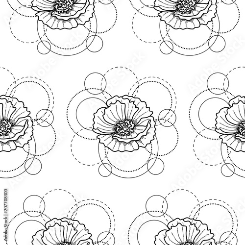 Seamless pattern with poppy and circles on white background