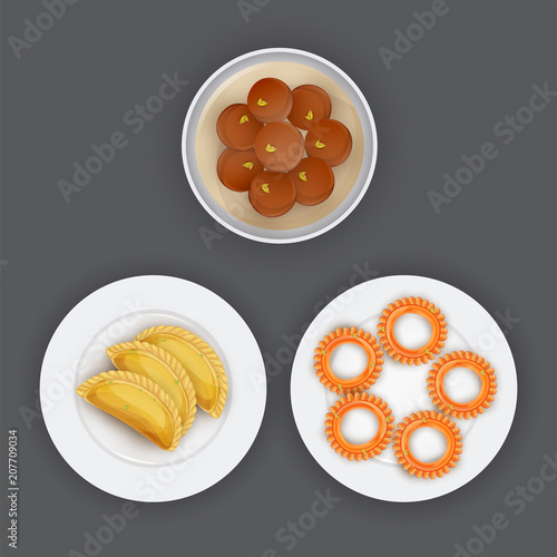 Indian traditional desserts like Shahi Gulab Jamun, Gujhiya, and Imarti or Jalebi on grey background.