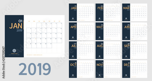 Vector of 2019 new year calendar in clean minimal table simple style and blue and orange yellow color,Holiday event planner,Week Starts Sunday.include holiday event.A5 size.