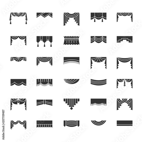 Scarves & valances. Window top treatments. Different styles of draperies and blinds. Swag, fan, straight, scalloped, pleat pelmets. Vector flat icons. Isolated objects on white background.