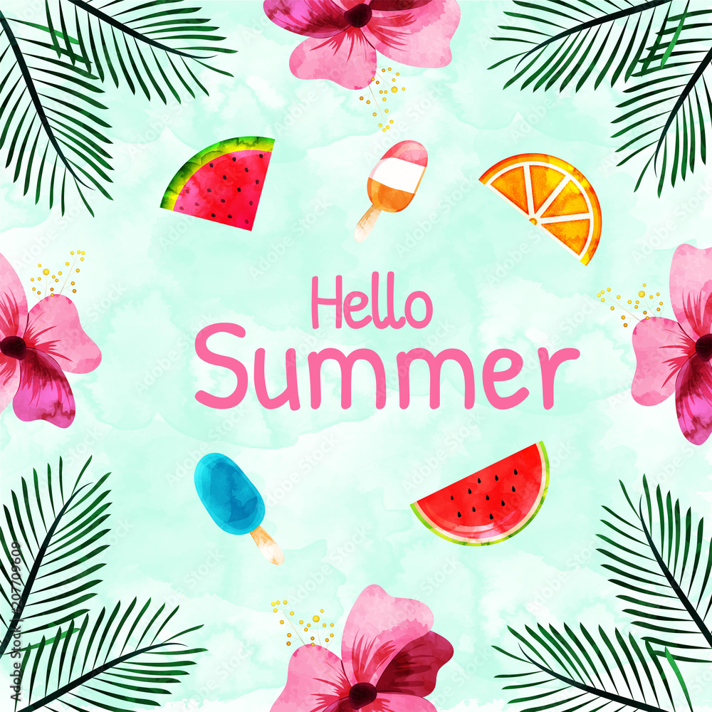Summer background with flowers, watermelon slice, and ice creams. Summer background with flowers, watermelon slice, and ice creams.
