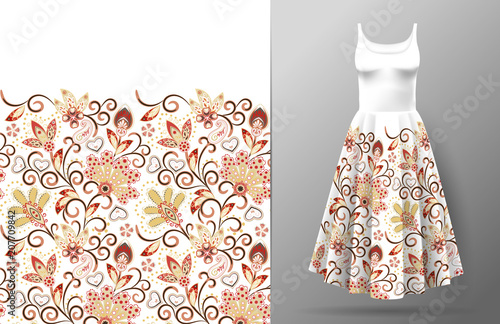 Floral seamless pattern with oriental hand drawing ornament. Vector illustration in asian textile style. Women's dress mock up. Red and beige on white background.