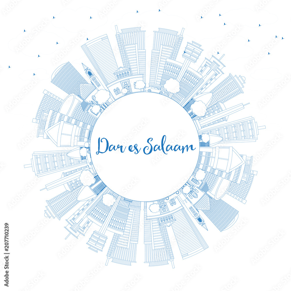 Outline Dar Es Salaam Tanzania City Skyline with Blue Buildings and Copy Space. Outline Dar Es Salaam Tanzania City Skyline with Blue Buildings and Copy Space.