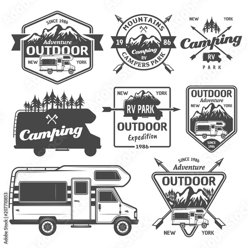 RV camping, outdoor recreation vector emblems