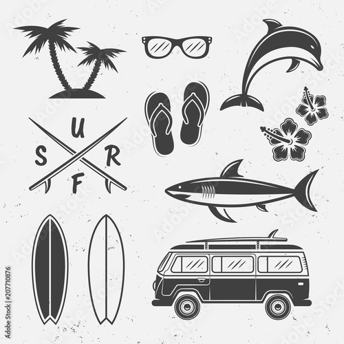 Surfing vector black icons and design elements