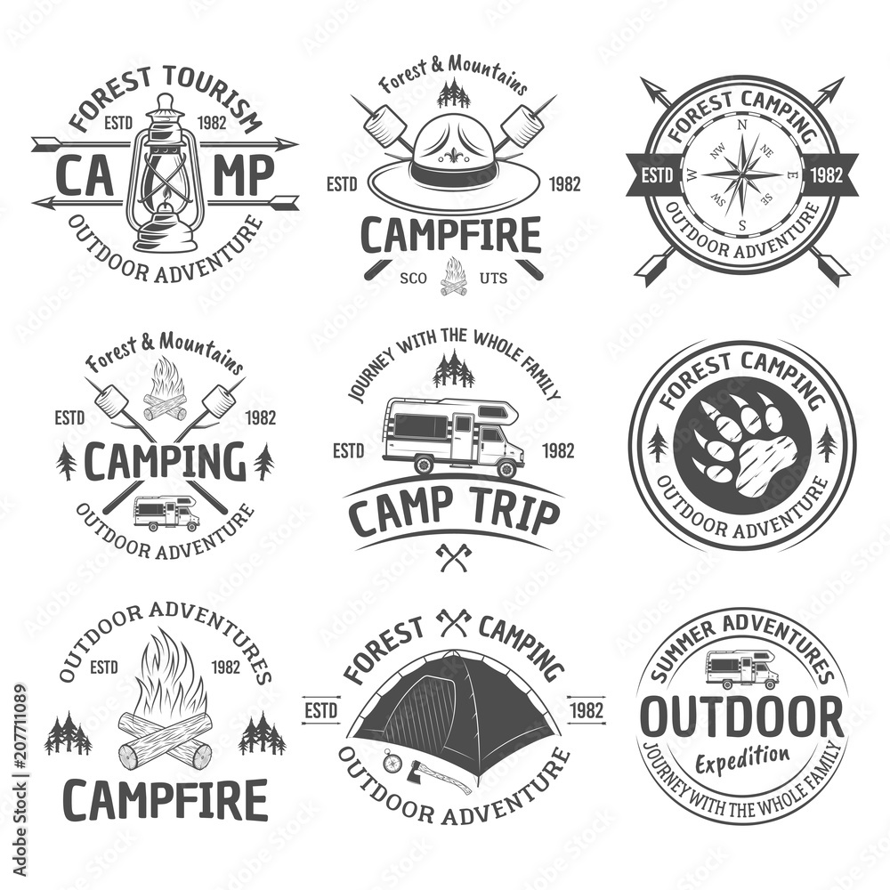 Camping and outdoor adventure vector black emblems
