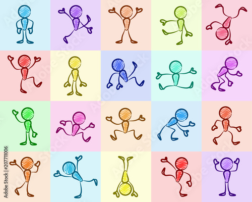Collection of stick moving figures with different poses on color