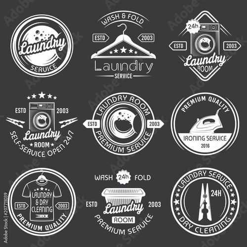 Laundry, cleaning service vector white emblems
