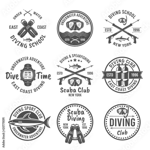 Scuba diving and spearfishing vector black emblems