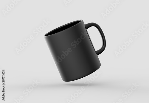 Black mug mock up isolated on light gray background. 3D illustration. photo