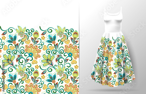 Fototapeta Naklejka Na Ścianę i Meble -  Seamless vertical fantasy flowers border pattern. Hand draw floral background on dress mockup. Vector. Traditional eastern pattern for textiles, wallpapers, decor. Bright colors on whte.