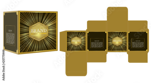 Cosmetic packaging design, gold luxury box template and mockup box, illustration vector.	