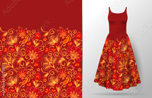 Seamless vertical fantasy flowers border pattern. Hand draw floral background on dress mockup. Vector. Traditional eastern pattern for textiles, wallpapers, decor. Red yelow.