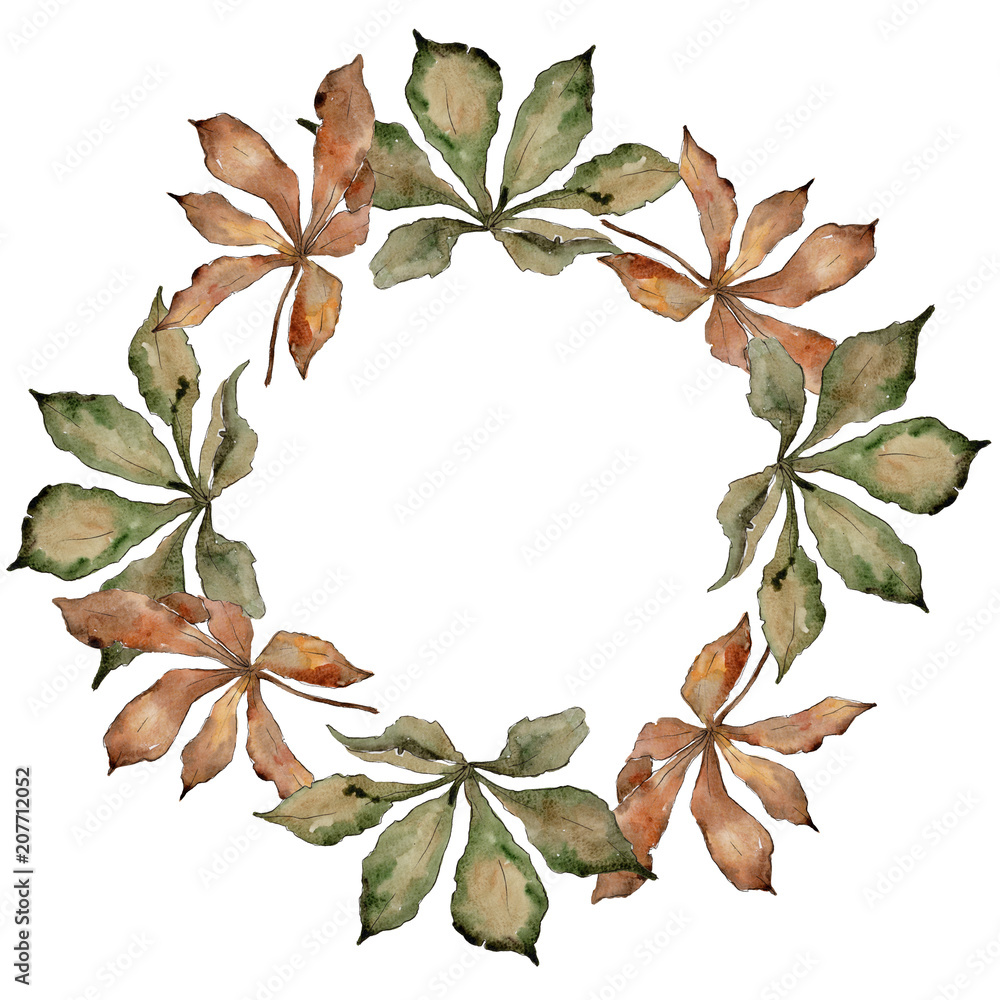 Fototapeta premium Autumn chestnut leaves. Leaf plant botanical garden floral foliage. Frame border ornament square. Aquarelle leaf for background, texture, wrapper pattern, frame or border.
