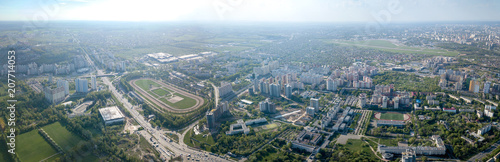 Aerial panoramic view from the drone  a view of the bird s eye view of the city of Kiev  a view of the racecourse and the runway Kiev Sikorsky airport in Zhulyany.