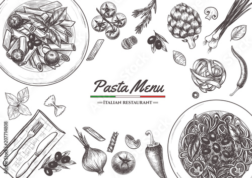 Italian pasta frame . Hand drawn vector illustration of an Italian pasta on a blackboard, sketch . Classic italian cuisine.
