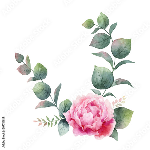 Watercolor vector wreath with green eucalyptus leaves, peony flowers and branches.