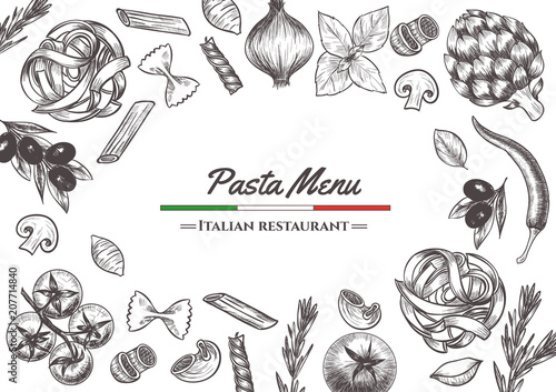 Italian pasta frame . Hand drawn vector illustration of an Italian pasta on a blackboard, sketch . Classic italian cuisine.