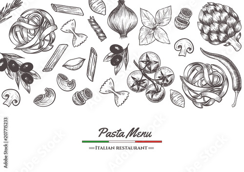 Italian pasta frame . Hand drawn vector illustration of an Italian pasta on a blackboard, sketch . Classic italian cuisine.