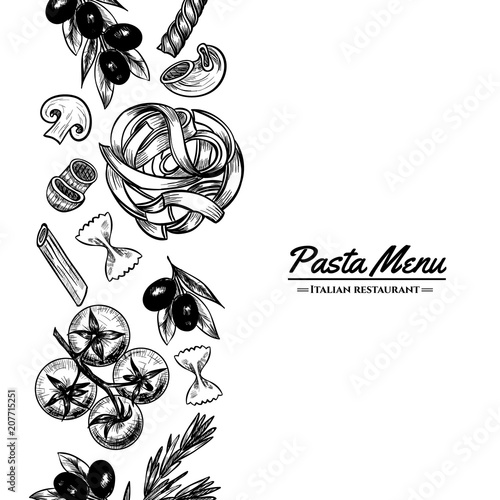 Italian pasta frame . Hand drawn vector illustration of an Italian pasta on a blackboard, sketch . Classic italian cuisine.