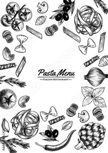 Italian pasta frame . Hand drawn vector illustration of an Italian pasta on a blackboard, sketch . Classic italian cuisine.