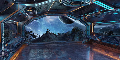 Fototapeta Naklejka Na Ścianę i Meble -  Grunge Spaceship interior with view on planet Earth 3D rendering
