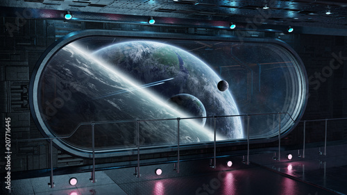 Fototapeta Naklejka Na Ścianę i Meble -  Black tech spaceship round window interior background 3D rendering