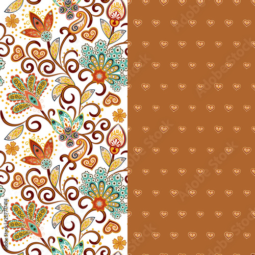 Set of two horizontal seamless floral pattern with paisley and fantasy flowers border. Hand drawn texture for clothes, bedclothes, fabric of the dress etc. Brown