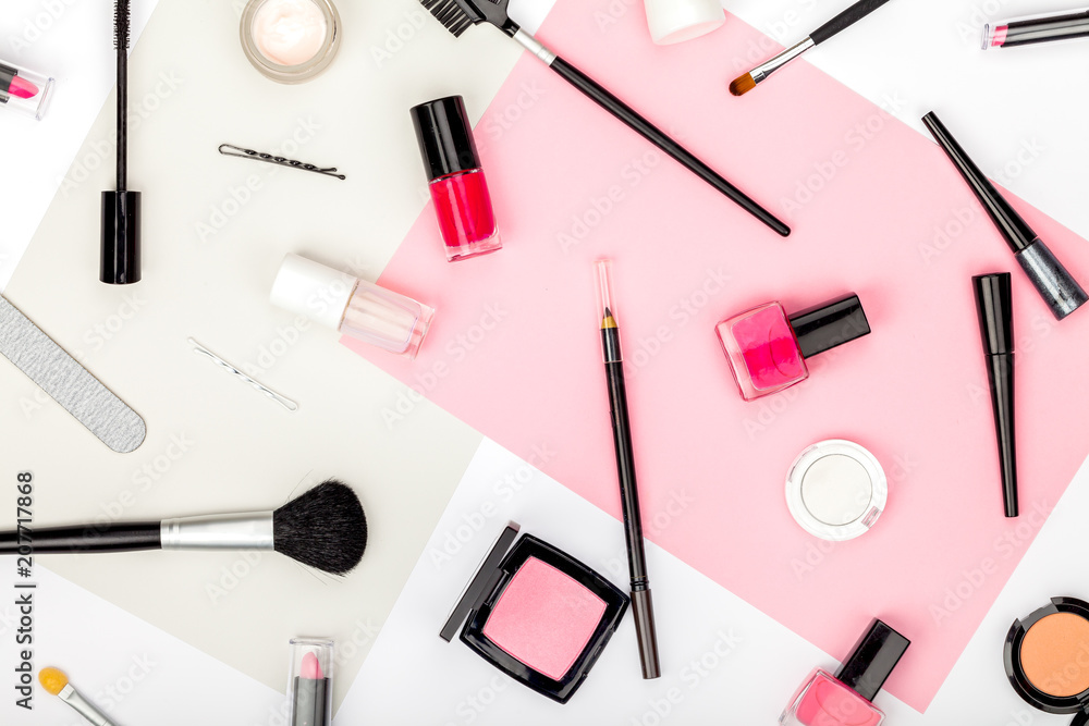 set of professional decorative cosmetics, makeup tools and accessory on white background. beauty, fashion, party and shopping concept. trendy flat lay composition, top view set of professional decorative cosmetics, makeup tools and accessory on white background. beauty, fashion, party and shopping concept. trendy flat lay composition, top view