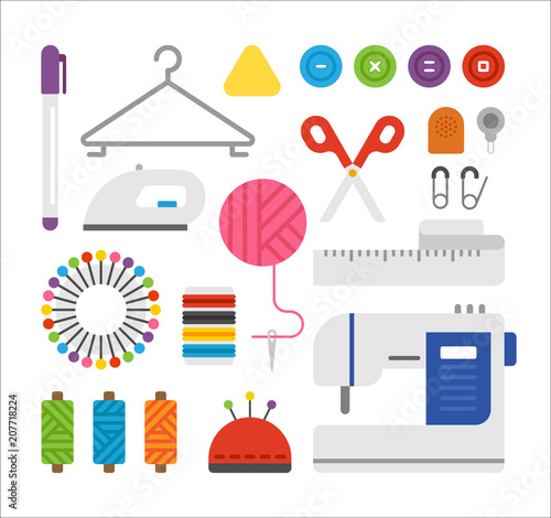 sewing tools object icons vector flat graphic design illustration set 