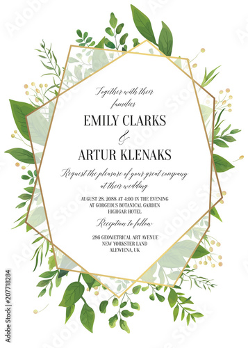Wedding Invitation, floral invite save the date modern card Design: greenery leaves, forest greenery, herbs, natural plants, branches, botanical decoration & geometrical golden frame. Vector template