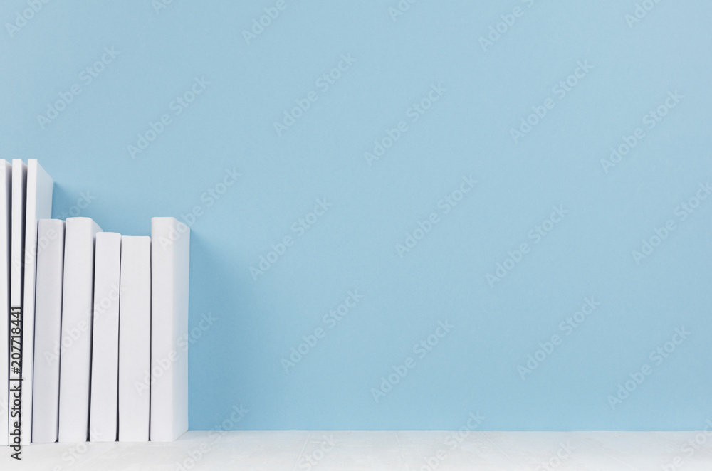 Row of white books on light wood desk and soft pastel blue background with copy space. Home decor. Row of white books on light wood desk and soft pastel blue background with copy space. Home decor.
