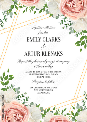 Wedding floral invite, invtation card design. Watercolor lavender pink rose, white garden peony flowers blossom, green leaves, greenery plants & golden stripes. Vector art beautiful, romantic template