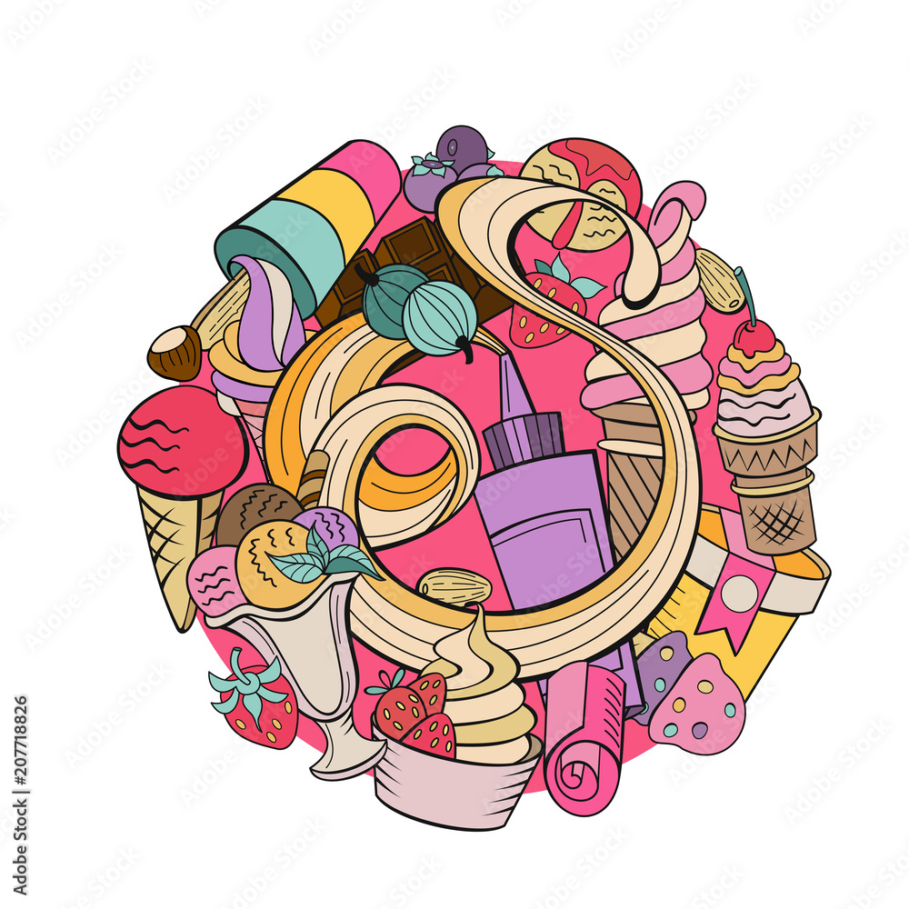 Miscellaneous ice cream with fruit and topping. Hand drawn vector illustration. Miscellaneous ice cream with fruit and topping. Hand drawn vector illustration.